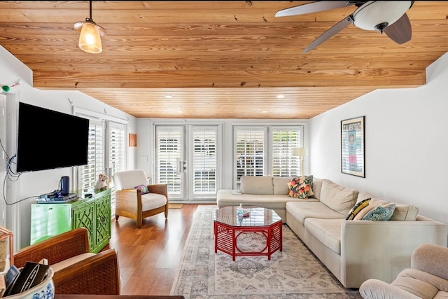 341 NE 7th Ave, Delray Beach, FL 33483 - living room featuring wooden ceiling, wood finished floors, a ceiling fan, and vaulted ceiling