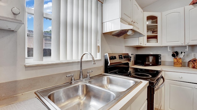 339 NW 5th Ave, Delray Beach, FL 33444 - kitchen with stainless steel range with electric stovetop, a sink, white cabinetry, glass insert cabinets, and light countertops