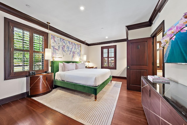 301 Australian Ave Unit 305, Palm Beach, FL 33480 - bedroom with baseboards, ornamental molding, dark wood-type flooring, and recessed lighting