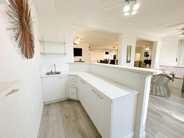 11666 Briarwood Cir Unit 1, Boynton Beach, FL 33437 - kitchen with ceiling fan, a peninsula, a sink, and light wood-type flooring