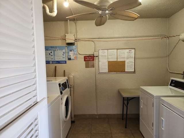community laundry room featuring separate washer and dryer, tile patterned flooring, and ceiling fan