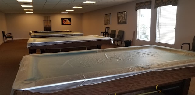 recreation room featuring billiards table, carpet floors, healthy amount of natural light, and baseboards