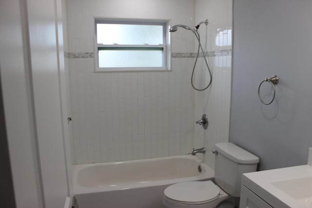 full bathroom featuring shower / tub combination, toilet, and vanity