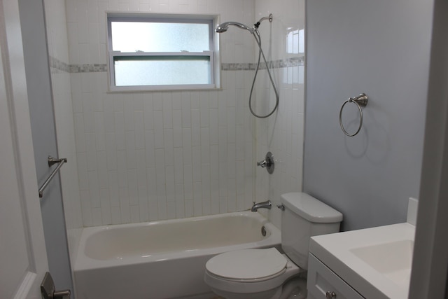 full bath featuring shower / washtub combination, toilet, and vanity