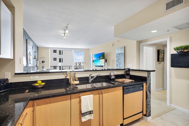 1551 N Flagler Dr Unit 804, West Palm Beach, FL 33401 - kitchen featuring dishwasher, a sink, dark stone counters, rail lighting, and a textured ceiling