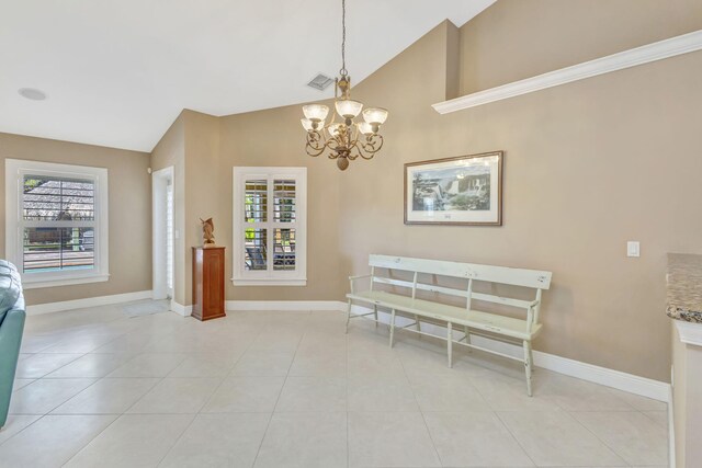 3020 SE St Lucie Blvd, Stuart, FL 34997 - dining area featuring a chandelier, baseboards, light tile patterned floors, and high vaulted ceiling