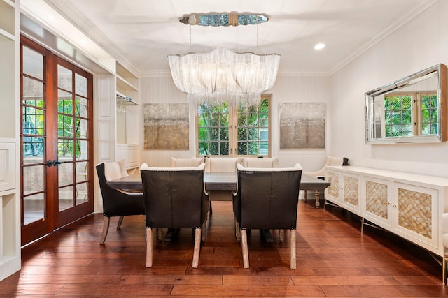 12891 Inshore Dr, Palm Beach Gardens, FL 33410 - dining room featuring french doors, crown molding, a chandelier, hardwood / wood-style flooring, and recessed lighting