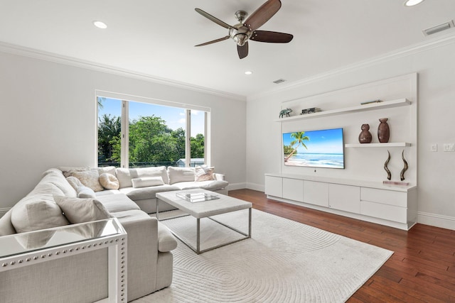 12891 Inshore Dr, Palm Beach Gardens, FL 33410 - living room with ceiling fan, crown molding, baseboards, recessed lighting, and wood-type flooring