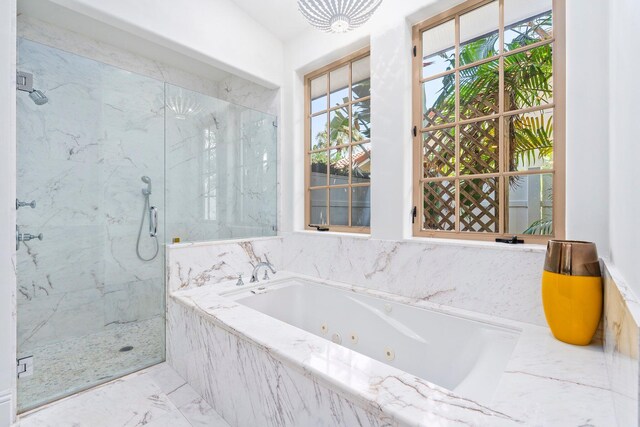12891 Inshore Dr, Palm Beach Gardens, FL 33410 - bathroom featuring a marble finish shower, a whirlpool tub, and marble finish floors