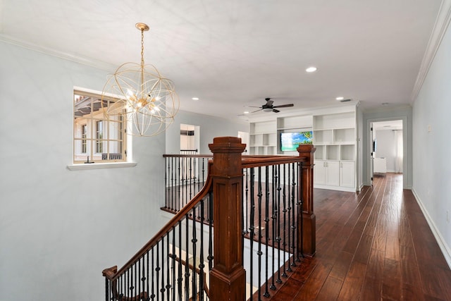 12891 Inshore Dr, Palm Beach Gardens, FL 33410 - hall featuring an upstairs landing, crown molding, dark wood-style floors, a chandelier, and recessed lighting