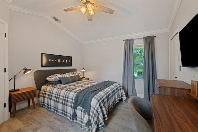 17315 Orange Blvd, Loxahatchee, FL 33470 - bedroom featuring lofted ceiling, baseboards, crown molding, and ceiling fan