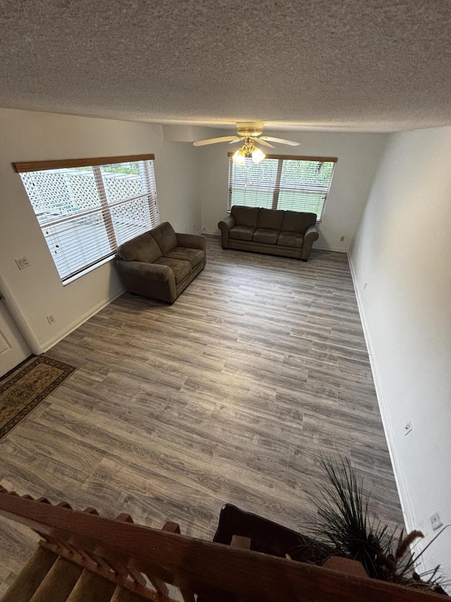 living area featuring healthy amount of natural light, a textured ceiling, baseboards, and wood finished floors