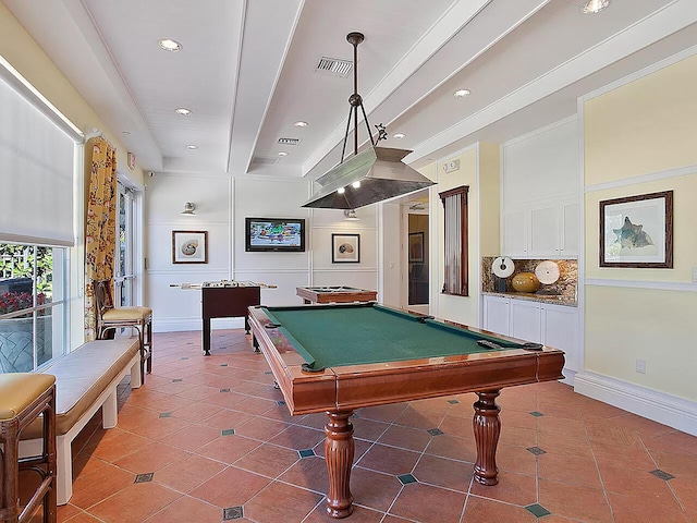 recreation room featuring pool table, recessed lighting, light tile patterned floors, and baseboards