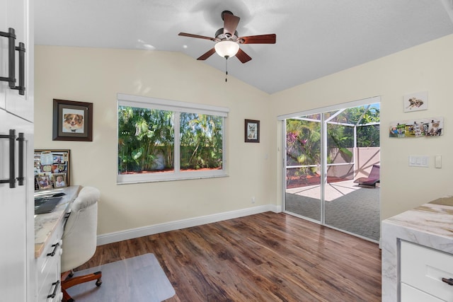 7884 Travlers Tree Dr, Boca Raton, FL 33433 - unfurnished office with lofted ceiling, wood finished floors, a ceiling fan, healthy amount of natural light, and baseboards