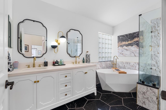 7884 Travlers Tree Dr, Boca Raton, FL 33433 - full bath with a freestanding tub, double vanity, tile patterned flooring, tile walls, and a shower