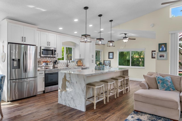 7884 Travlers Tree Dr, Boca Raton, FL 33433 - kitchen featuring appliances with stainless steel finishes, open floor plan, white cabinetry, recessed lighting, and a ceiling fan