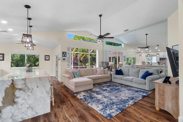7884 Travlers Tree Dr, Boca Raton, FL 33433 - living area with vaulted ceiling, a ceiling fan, and dark wood-style floors