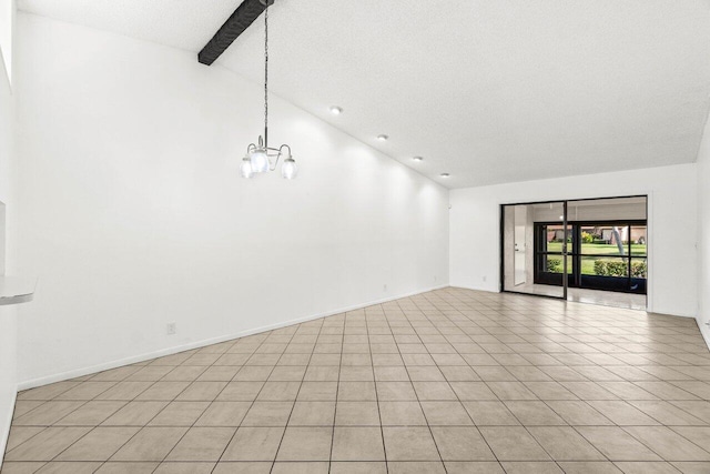 817 Sky Pine Way Unit H, Greenacres, FL 33415 - unfurnished living room with a chandelier, light tile patterned floors, high vaulted ceiling, and beamed ceiling
