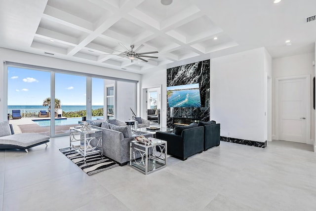living room with recessed lighting, beamed ceiling, ceiling fan, and coffered ceiling
