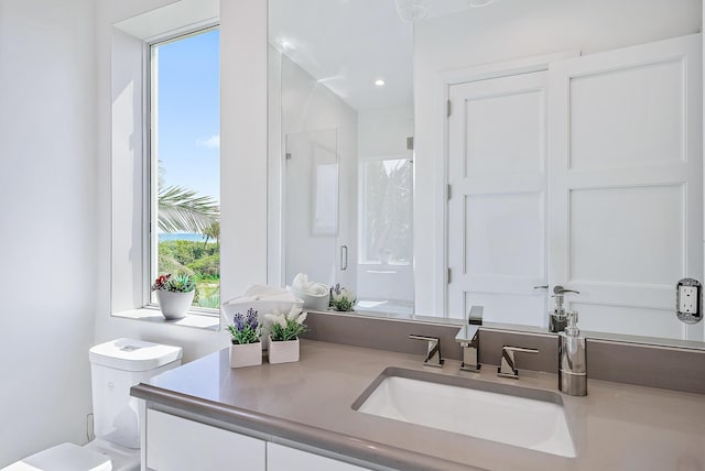 bathroom with toilet, vanity, and a shower stall