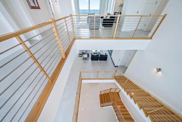 stairs with a water view