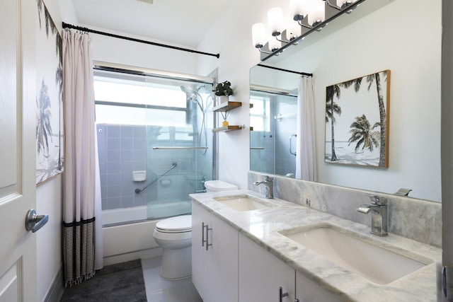 7340 Anadale Cir, Lake Worth, FL 33467 - full bath featuring shower / bathtub combination with curtain, double vanity, toilet, and tile patterned floors
