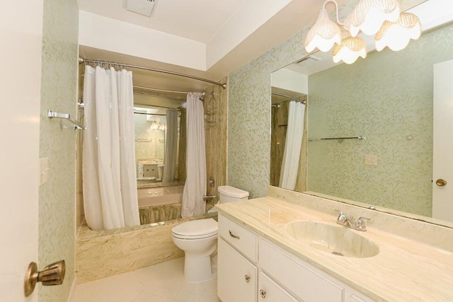 1117 SE Mendoza Ave, Port Saint Lucie, FL 34952 - bathroom with shower / tub combo with curtain, toilet, vanity, tile patterned flooring, and wallpapered walls