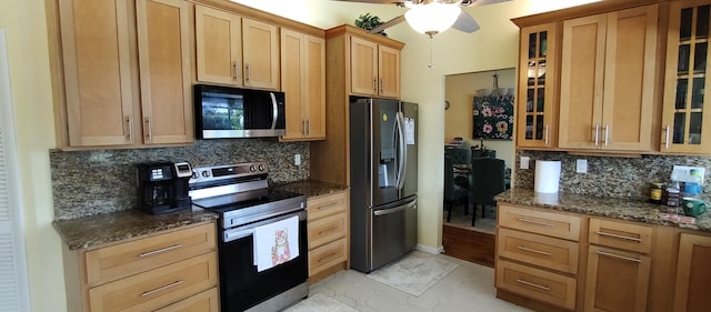 1132 SE Oriental Ave, Port Saint Lucie, FL 34952 - kitchen featuring fridge with ice dispenser, stainless steel electric range, ceiling fan, and tasteful backsplash