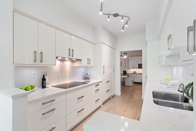 500 SE Mizner Blvd Unit A202, Boca Raton, FL 33432 - kitchen with black electric cooktop, a sink, white cabinetry, light wood-type flooring, and modern cabinets