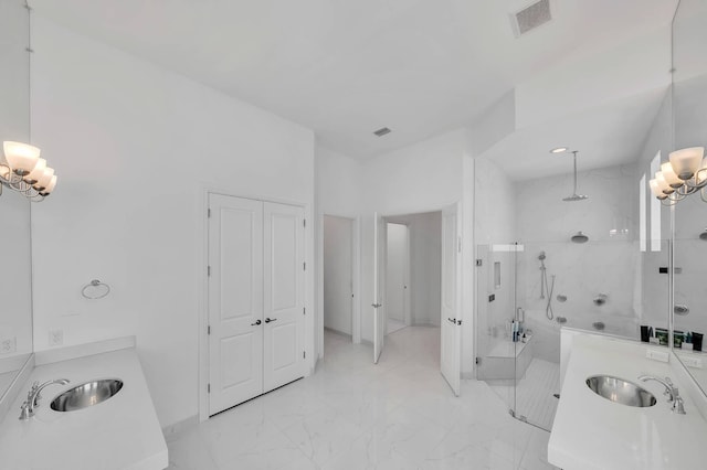 9219 Grand Prix Ln, Boynton Beach, FL 33472 - full bathroom with a stall shower, vanity, marble finish flooring, and a chandelier