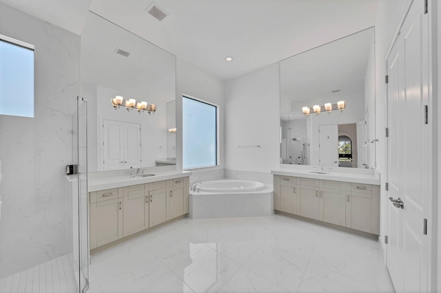 9219 Grand Prix Ln, Boynton Beach, FL 33472 - full bath with a marble finish shower, marble finish flooring, plenty of natural light, a garden tub, and recessed lighting