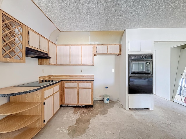 5701 Autumn Ridge Rd, Lake Worth, FL 33463 - kitchen featuring under cabinet range hood, black appliances, unfinished concrete flooring, light brown cabinets, and a textured ceiling