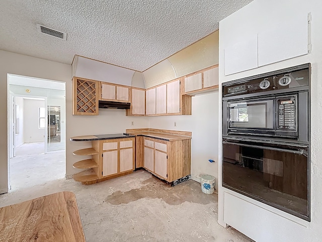 5701 Autumn Ridge Rd, Lake Worth, FL 33463 - kitchen featuring under cabinet range hood, light brown cabinets, a textured ceiling, black appliances, and open shelves