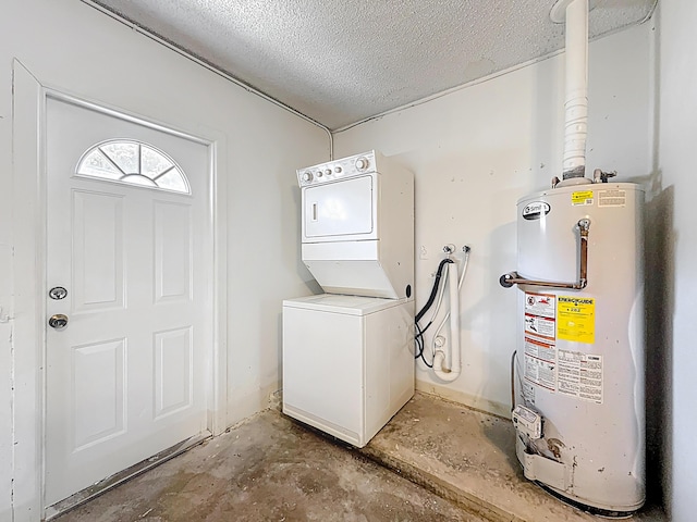 5701 Autumn Ridge Rd, Lake Worth, FL 33463 - laundry room with gas water heater, stacked washing machine and dryer, and a textured ceiling