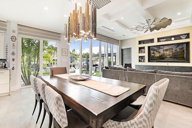 311 SE 11th St, Pompano Beach, FL 33060 - dining space with coffered ceiling, light tile patterned floors, a chandelier, recessed lighting, and beam ceiling