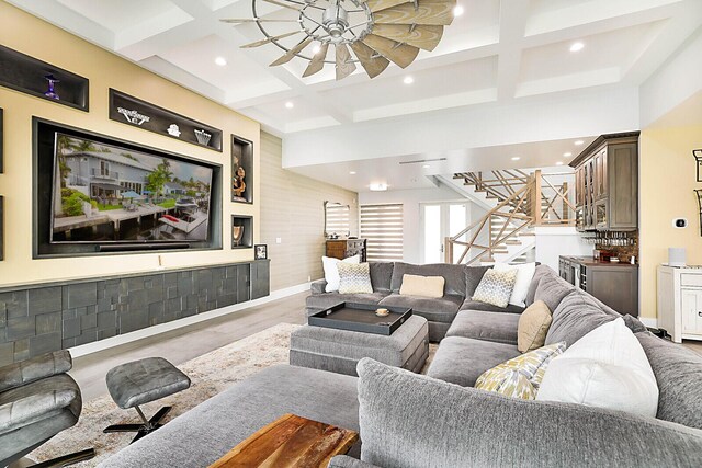 311 SE 11th St, Pompano Beach, FL 33060 - living area featuring coffered ceiling, stairs, recessed lighting, beam ceiling, and baseboards