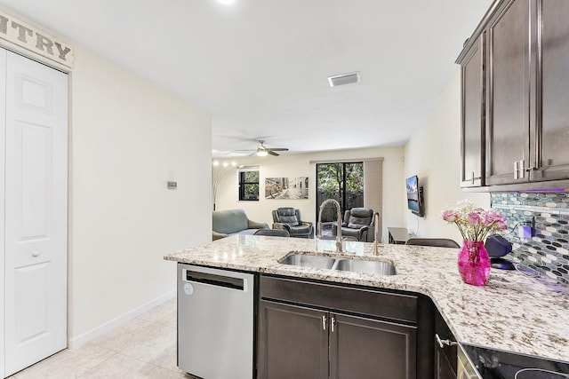 4080 Devenshire Ct, Coconut Creek, FL 33073 - kitchen featuring stainless steel dishwasher, a sink, a peninsula, a ceiling fan, and dark brown cabinets
