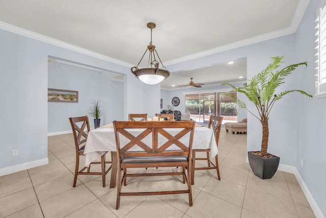 148 Cypress Cv, Jupiter, FL 33458 - dining space featuring crown molding, a ceiling fan, baseboards, light tile patterned flooring, and recessed lighting