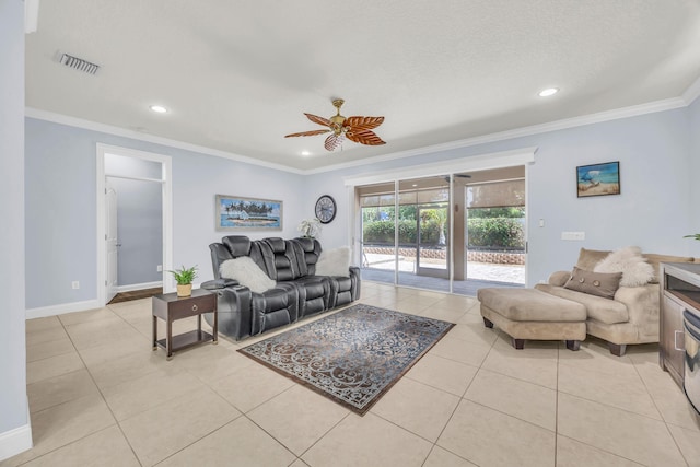 148 Cypress Cv, Jupiter, FL 33458 - living area with ceiling fan, crown molding, light tile patterned floors, recessed lighting, and baseboards