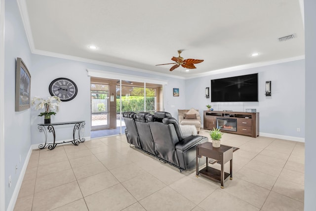 148 Cypress Cv, Jupiter, FL 33458 - living room featuring ceiling fan, ornamental molding, baseboards, light tile patterned floors, and recessed lighting
