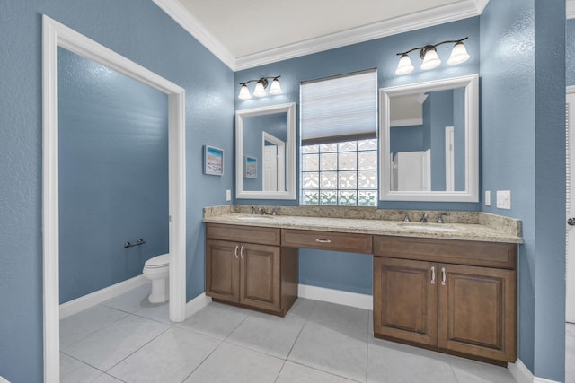 148 Cypress Cv, Jupiter, FL 33458 - bathroom with crown molding, toilet, tile patterned flooring, double vanity, and baseboards