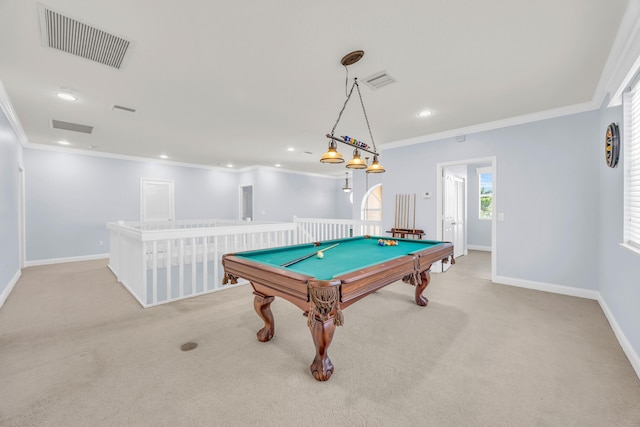 148 Cypress Cv, Jupiter, FL 33458 - playroom with crown molding, baseboards, light colored carpet, recessed lighting, and billiards table