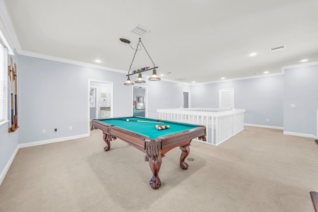 148 Cypress Cv, Jupiter, FL 33458 - game room with ornamental molding, recessed lighting, baseboards, light colored carpet, and billiards