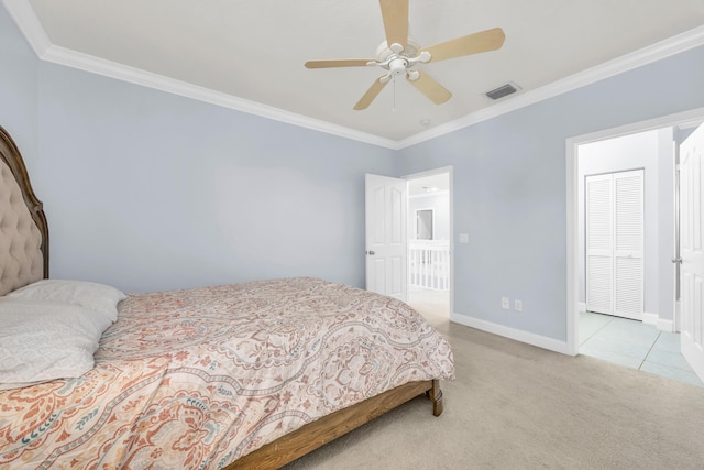 148 Cypress Cv, Jupiter, FL 33458 - carpeted bedroom featuring crown molding, baseboards, and a ceiling fan