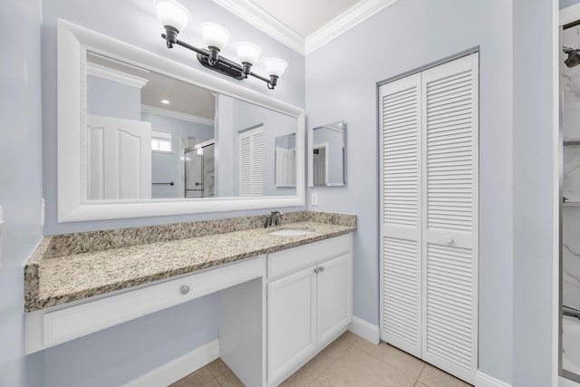 148 Cypress Cv, Jupiter, FL 33458 - full bathroom featuring crown molding, a closet, a shower stall, vanity, and baseboards