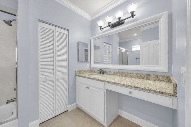 148 Cypress Cv, Jupiter, FL 33458 - full bath featuring a closet, ornamental molding, vanity, tile patterned floors, and a shower