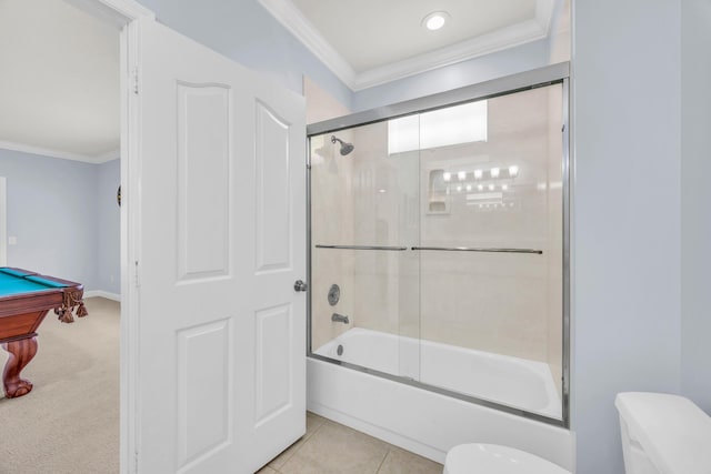 148 Cypress Cv, Jupiter, FL 33458 - bathroom with toilet, ornamental molding, pool table, and shower / bath combination with glass door