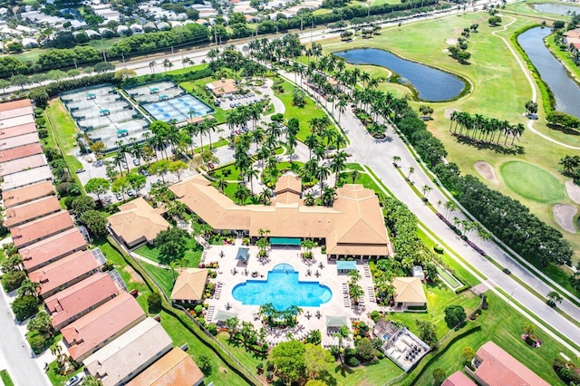 7338 Chorale Rd, Boynton Beach, FL 33437 - aerial overview of property's location featuring a nearby body of water, a pool, and a golf club