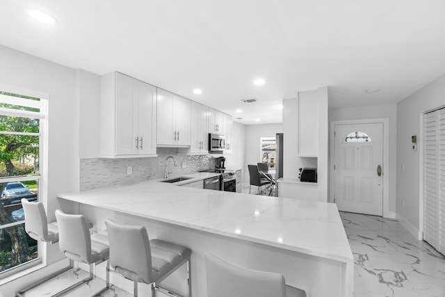 6 Stratford Dr E Unit D, Boynton Beach, FL 33436 - kitchen featuring appliances with stainless steel finishes, backsplash, a sink, light stone counters, and a peninsula