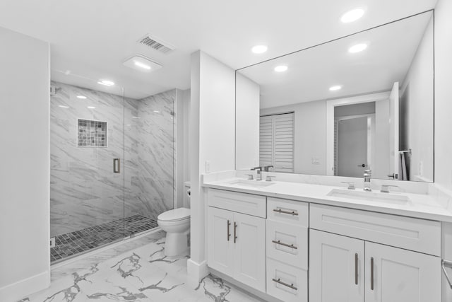 6 Stratford Dr E Unit D, Boynton Beach, FL 33436 - full bathroom with recessed lighting, toilet, marble finish flooring, a marble finish shower, and double vanity